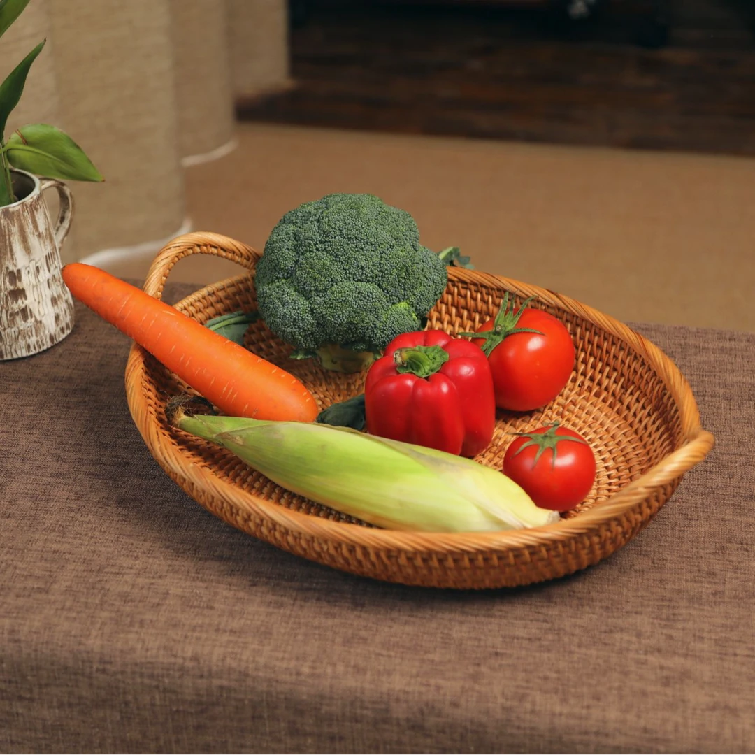 T秋藤美越南藤编 42*32*8椭圆提手大浅盘编织手工水果篮托盘糖果