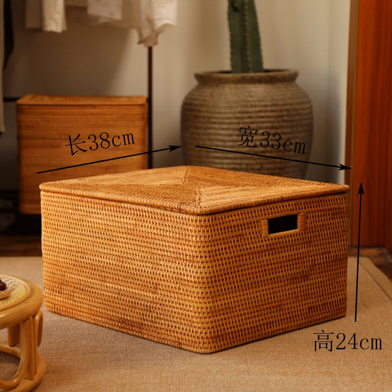 越南真藤手工编织38*33*24提口带盖收纳筐中号日式茶几玩具长方形
