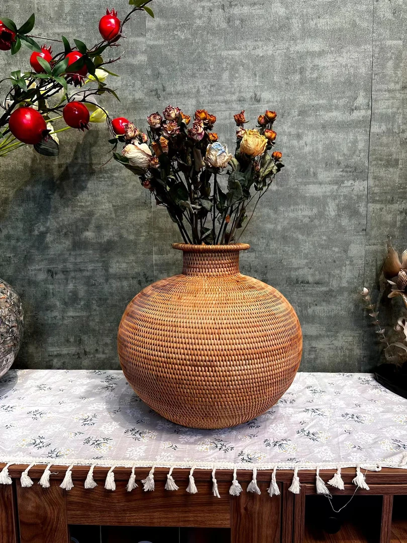 秋藤美越南真藤编织大花瓶36*32cm干花真花永生花插花瓶圆形复古