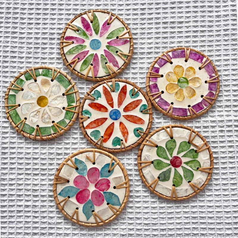 T越南真藤手工编织圆形贝壳杯垫小清新桌面隔热咖啡茶杯垫防烫