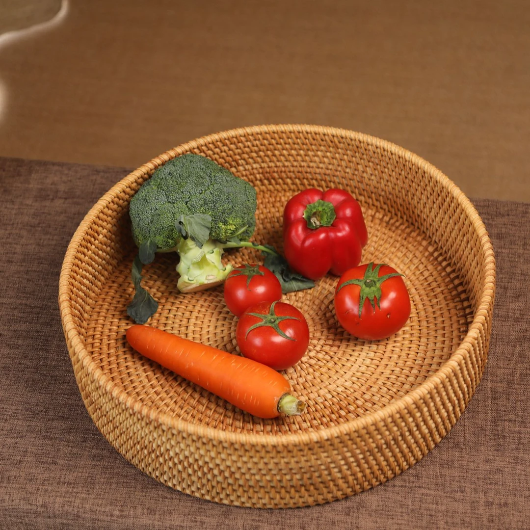 T越南藤编织家用40*10水果手工收纳筐日式圆形客厅茶几糖果干果盘