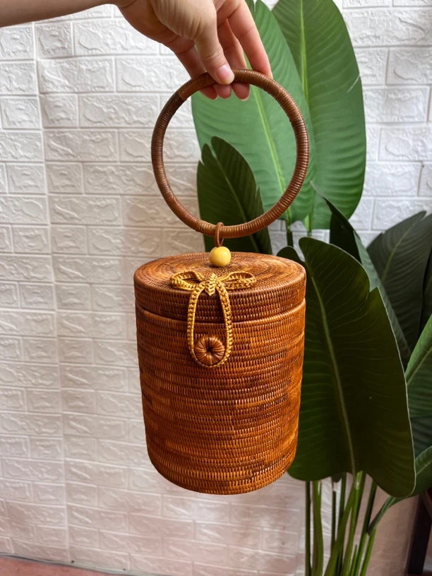 越南精编藤编手工艺品17*20手提桌面茶叶零食杂物收纳盒茶室客厅