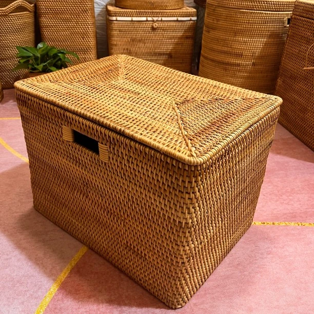 秋藤美越南藤编47*33*33方形提口带盖收纳筐客厅收纳整理篮子玩具