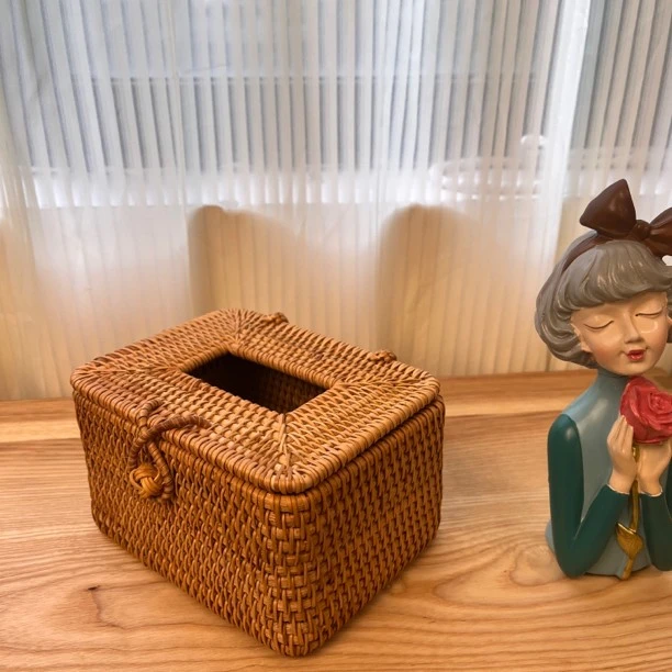 秋藤美越南藤编16*12*9桌面纸巾盒小号餐桌抽纸盒长方形家用客厅