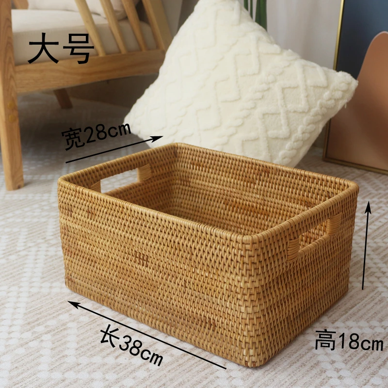 T秋藤美 越南天然藤编38*28*18手工带提口居家方形收纳筐长方形