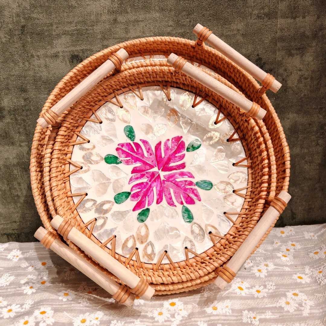 H越南真藤手工编织28*3圆形榉木贝壳托盘三件套客厅桌面水果零食