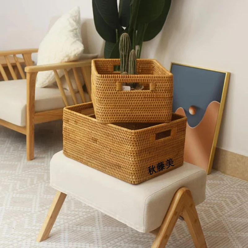 T越南秋藤手工编织38*28*18小中大长方形带提口家用客厅收纳筐子
