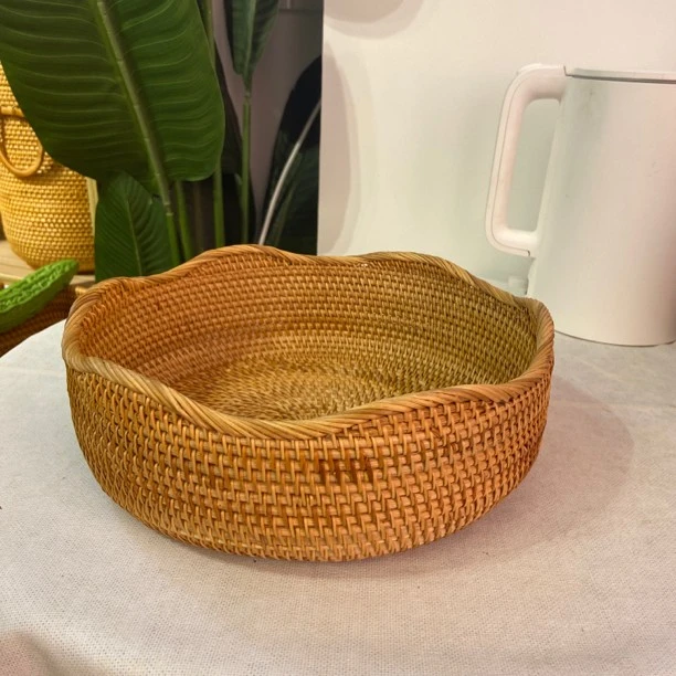 秋藤美越南藤编 28*10花边果盘大号桌面水果零食盘杂物收纳手工