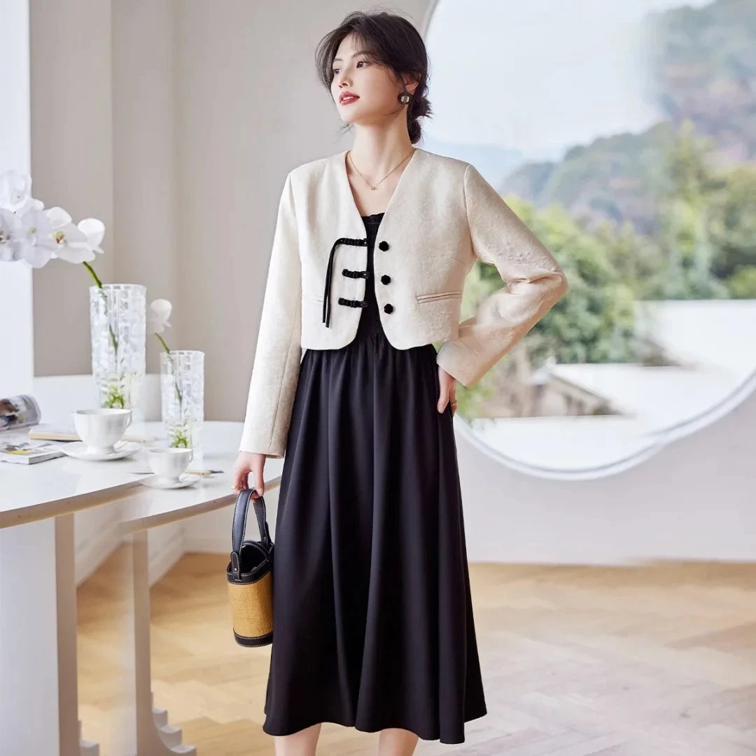 JIRUIMAN/吉瑞曼春秋新中式长袖外套背心中长裙休闲通勤两件TQ180