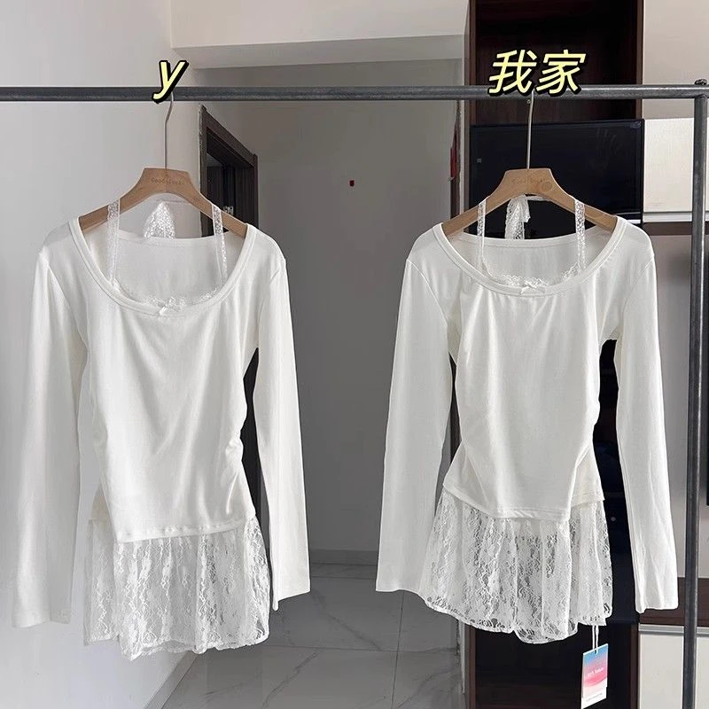 蕾丝拼接挂脖长袖T恤女秋冬季新款修身显瘦德绒假两件百搭上衣潮