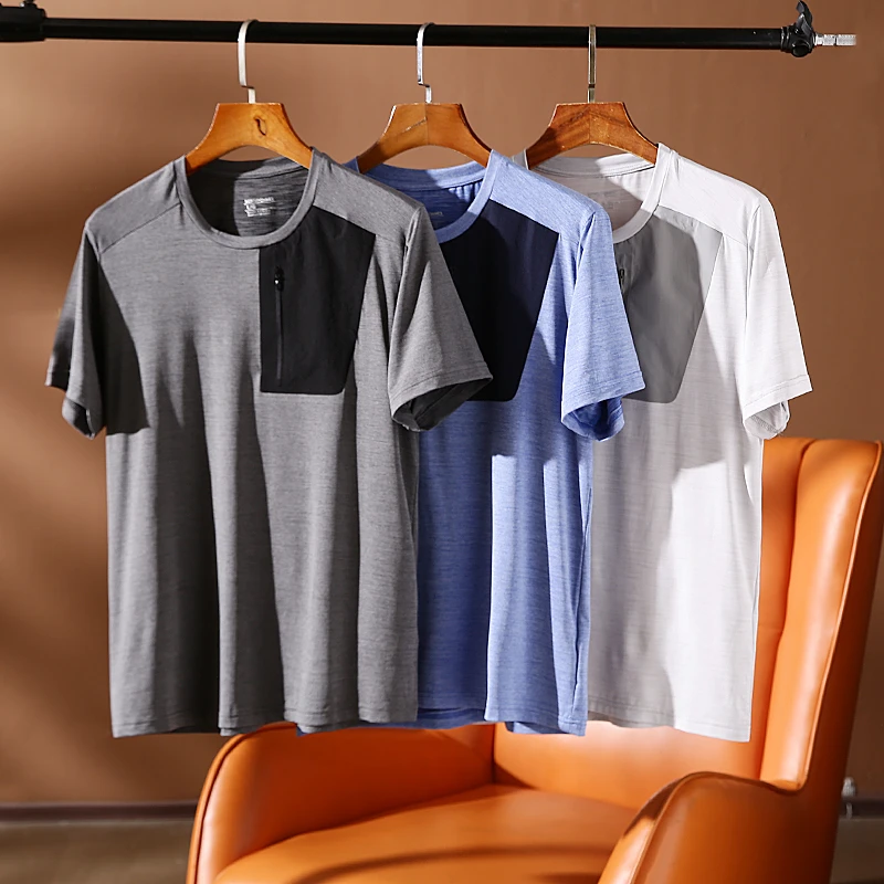 夏季男士圆领垂感凉爽弹力户外速干口袋休闲短袖T恤23410-