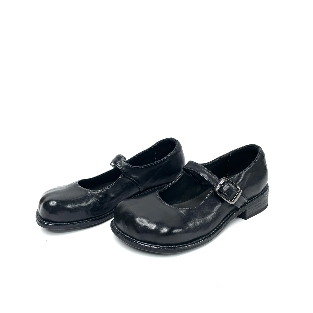 雪密欧2024新款手工水洗马皮斜方头复古英伦风浅口平跟单鞋999-1