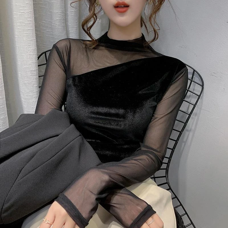 半高领网纱打底衫女欧货2024秋装新款欧洲站小衫金丝绒性感上衣潮