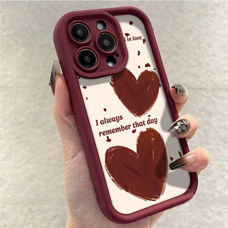 ins简约爱心iPhone13手机壳苹果15酒红14/11全包华为vivo小米oppo
