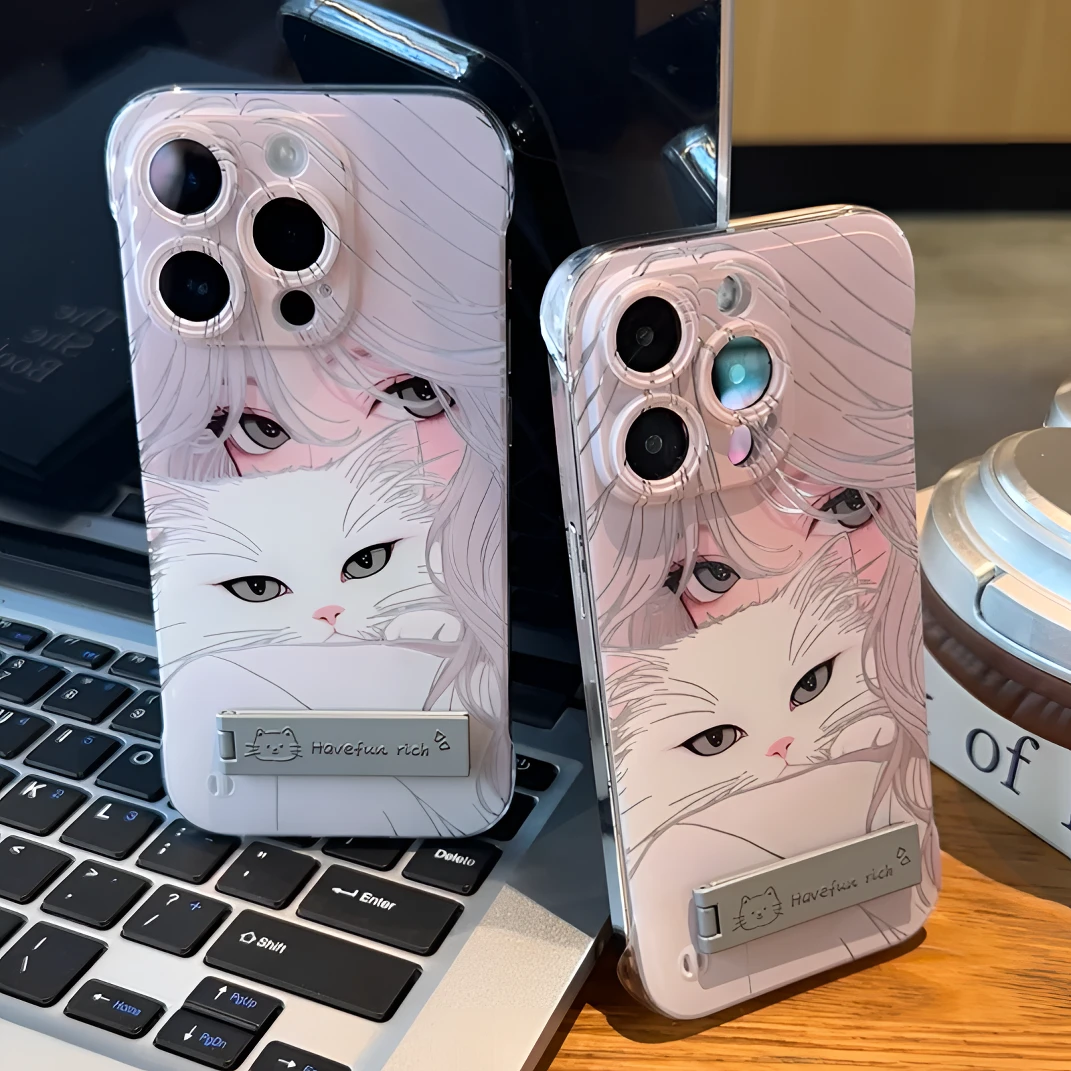 趣味壳白猫女孩适用iPhone苹果13无边框15华为手机壳vivo小米oppo