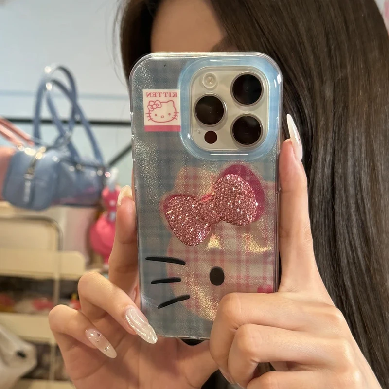 格纹KT闪钻蝴蝶结适用苹果16promax手机壳iPhone13/15/14新款11女
