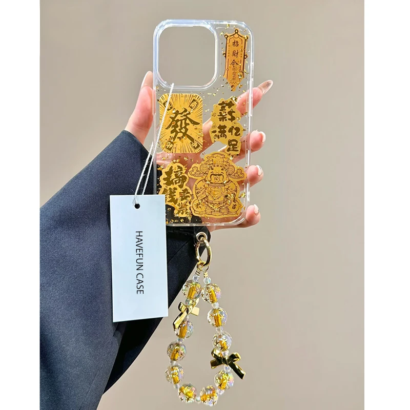 国风滴胶链条财神爷适用苹果15promax手机壳iPhone13/16金箔14/11