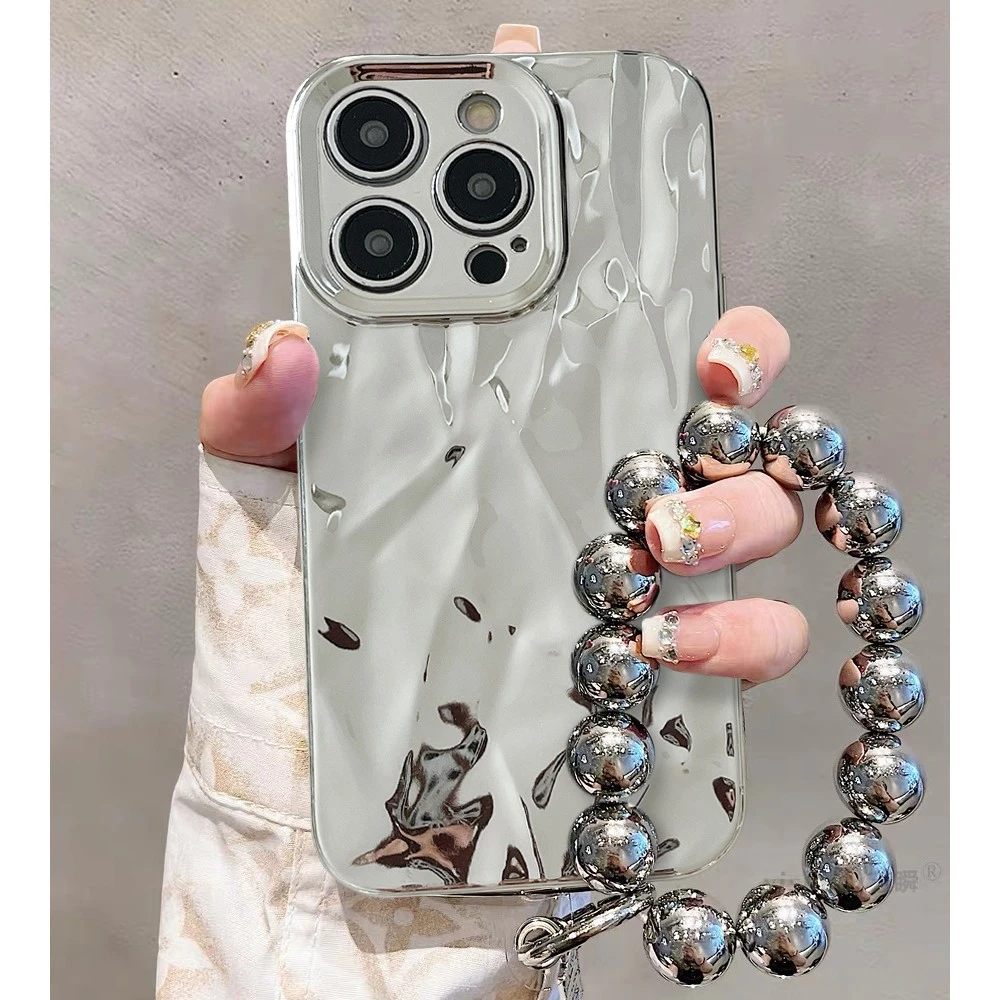 ins高级感褶皱纹苹果15手机壳13promax电镀iPhone14小众11/12链条
