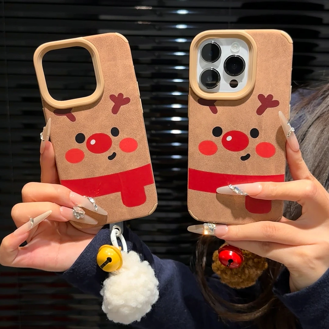 圣诞麋鹿毛球铃铛适用苹果13/16promax手机壳iPhone15秋冬14软11