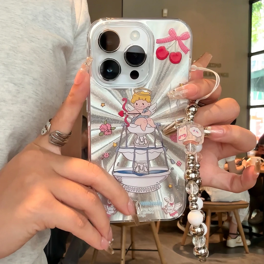 趣味壳高级细闪天使喷泉适用iPhone15手机壳苹果13/14手链12/11女