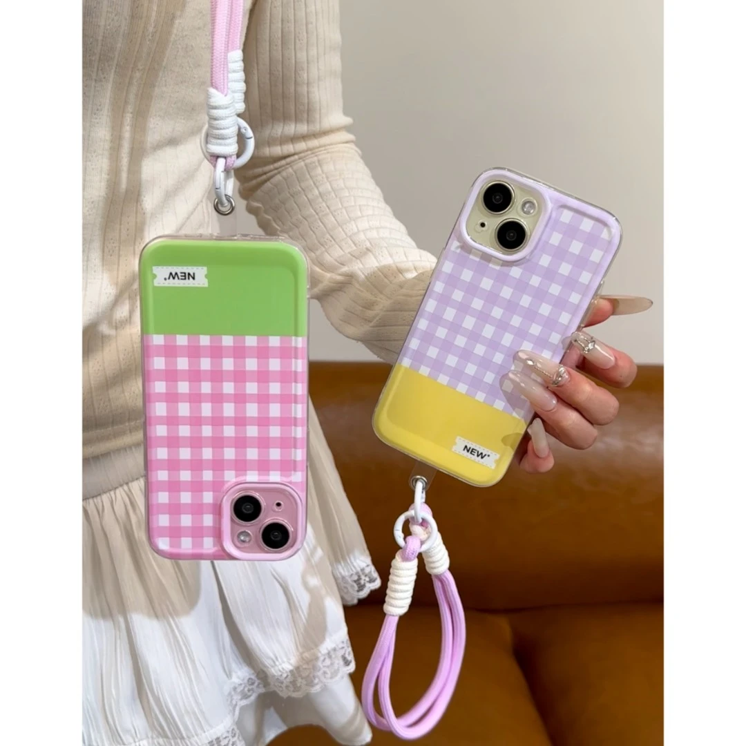 趣味壳韩风拼色格纹适用iPhone15苹果13挂绳手机壳华为viv小米ppo