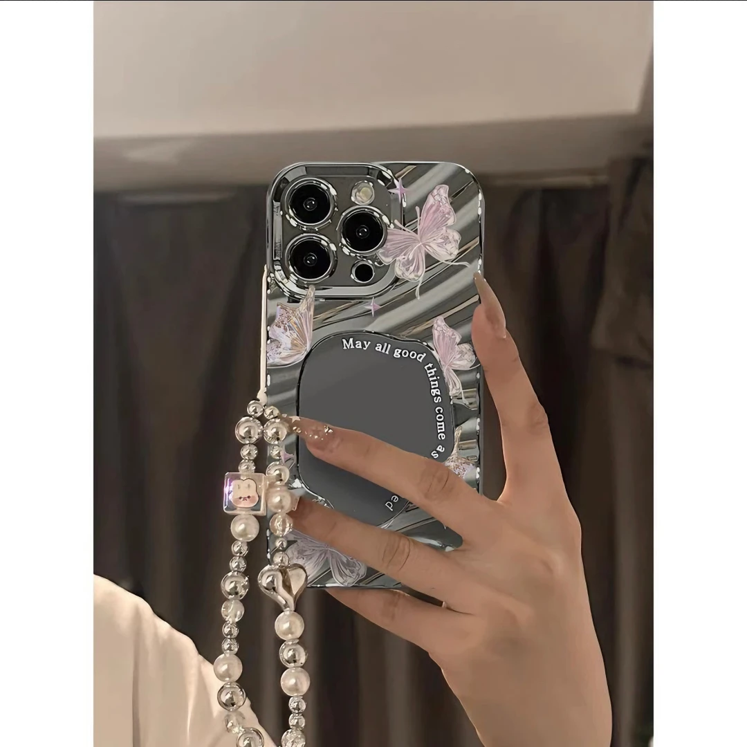 手链款ins粉蝴蝶苹果14promax手机壳iPhone15镜面13/11小众12电镀