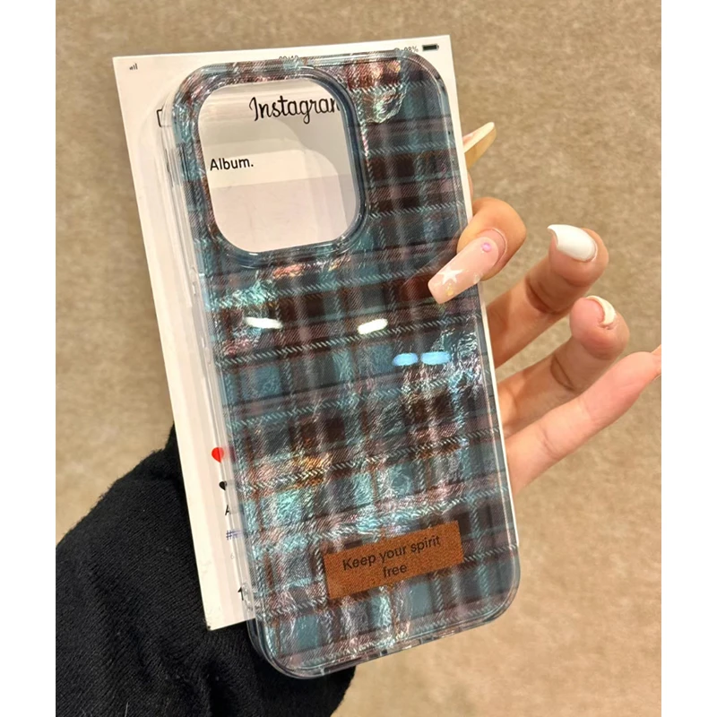 趣味壳复古蓝棕格纹适用苹果16手机壳iPhone1513华为vivo小米oppo