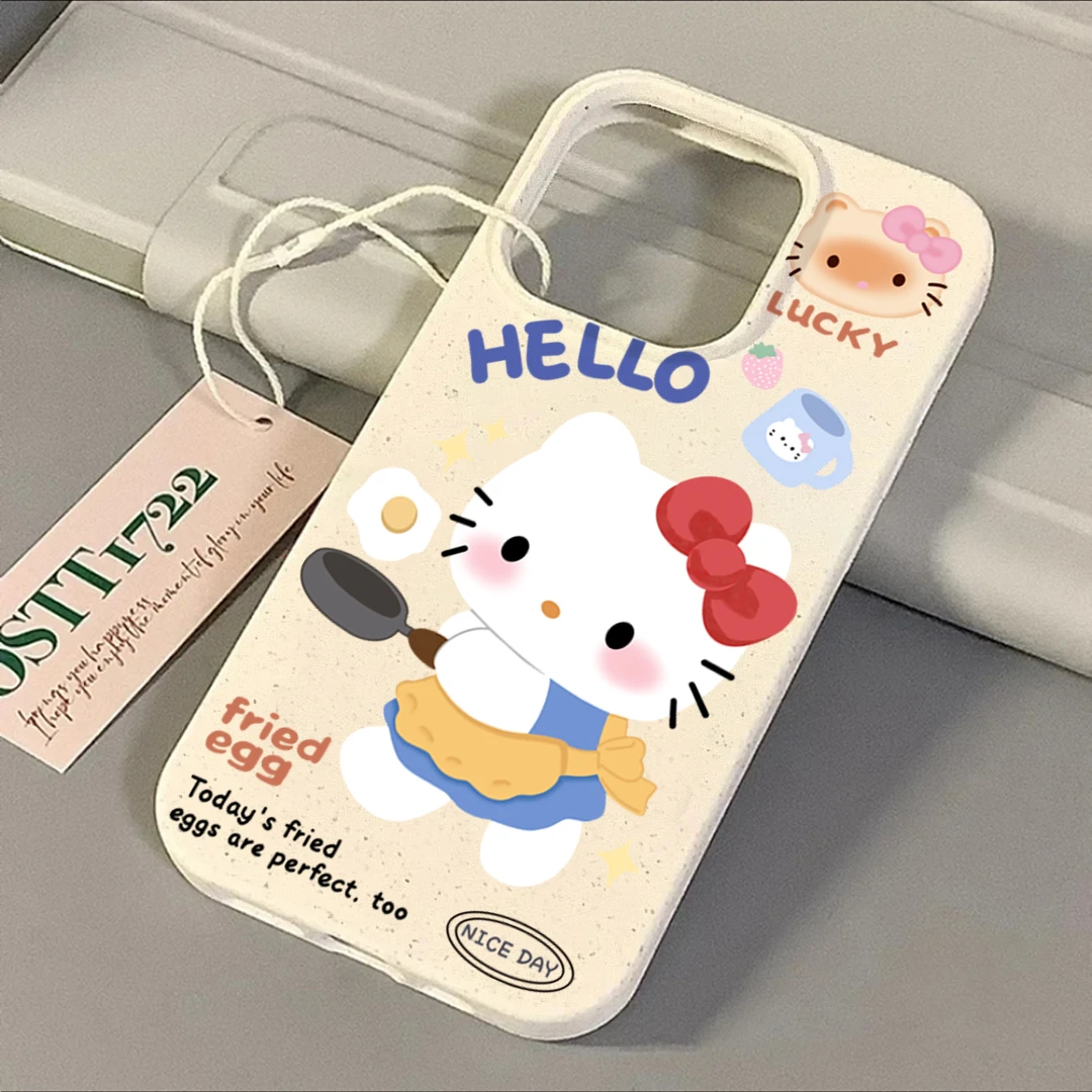 趣味煎蛋kitty苹果14promax手机壳13小麦秆iPhone11/12卡通XSXR软
