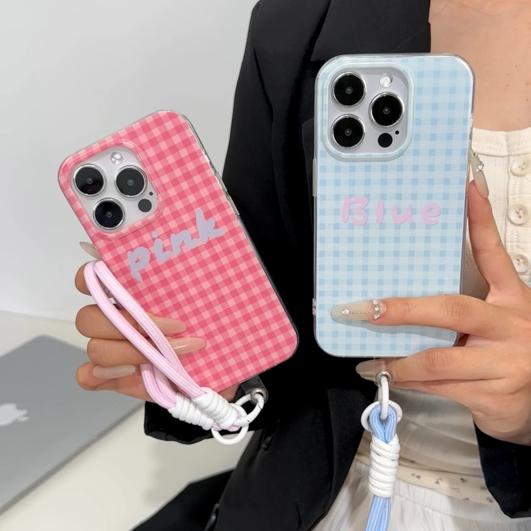 趣味壳ins韩系格纹适用iPhone15苹果13挂绳14手机壳华为vivo小米