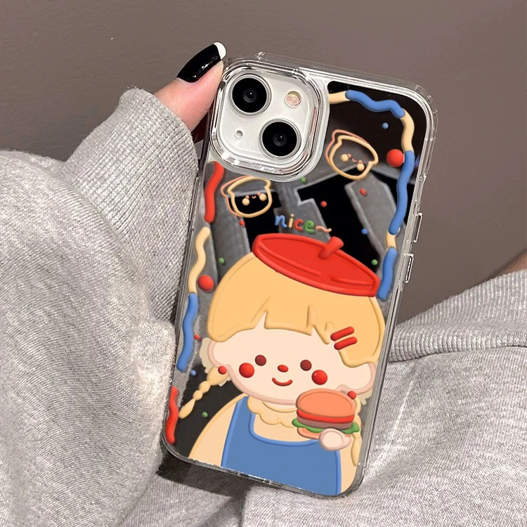 卡通汉堡女孩苹果14手机壳iphone13promax镜面11少女12/XS软XR/8P