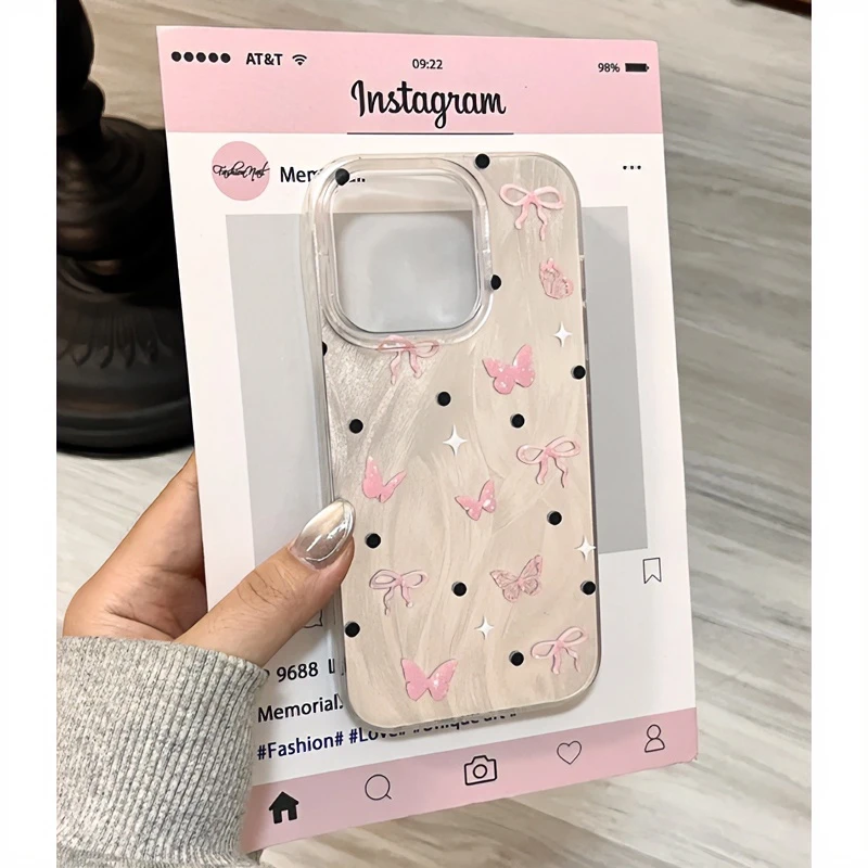 趣味壳ins波点粉蝴蝶适用苹果13手机壳iPhone16华为vivo小米oppo