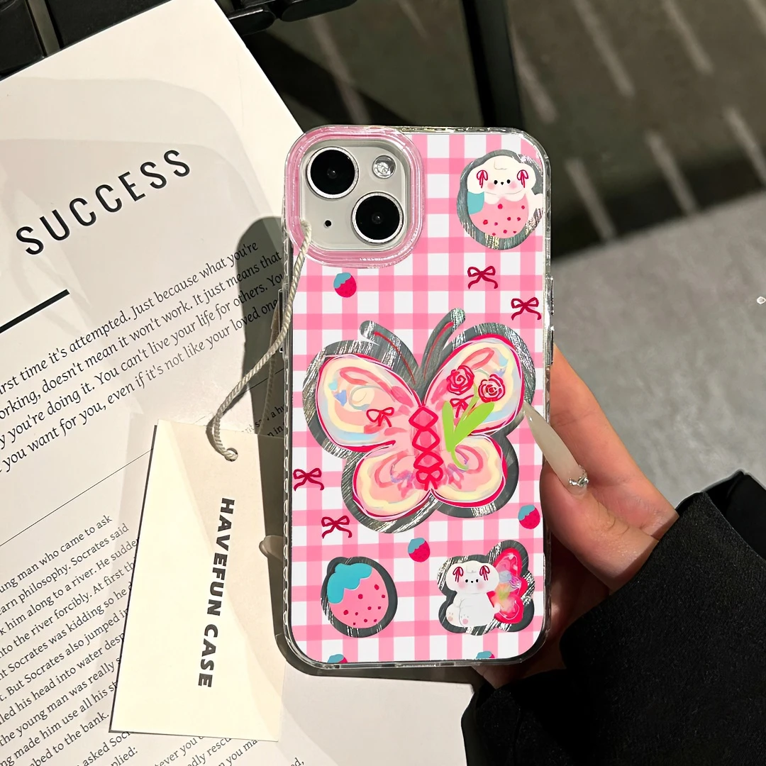 趣味壳格纹涂鸦蝴蝶适用苹果13手机壳iPhone1514华为vivo小米oppo