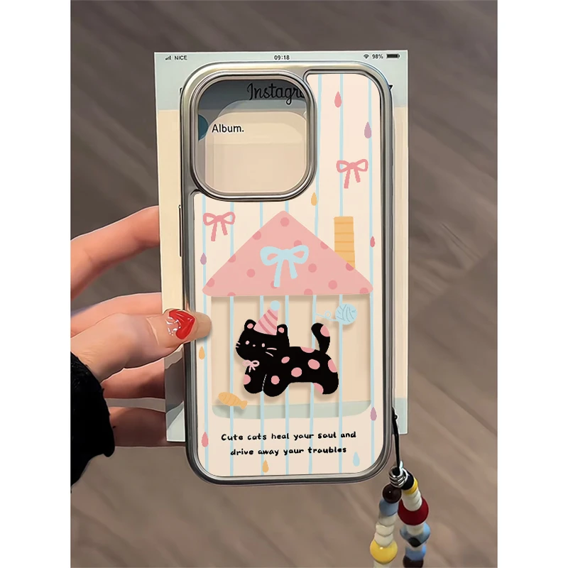 雅天立ins风波点黑猫适用iPhone13手机壳苹果15promax银框14/1211