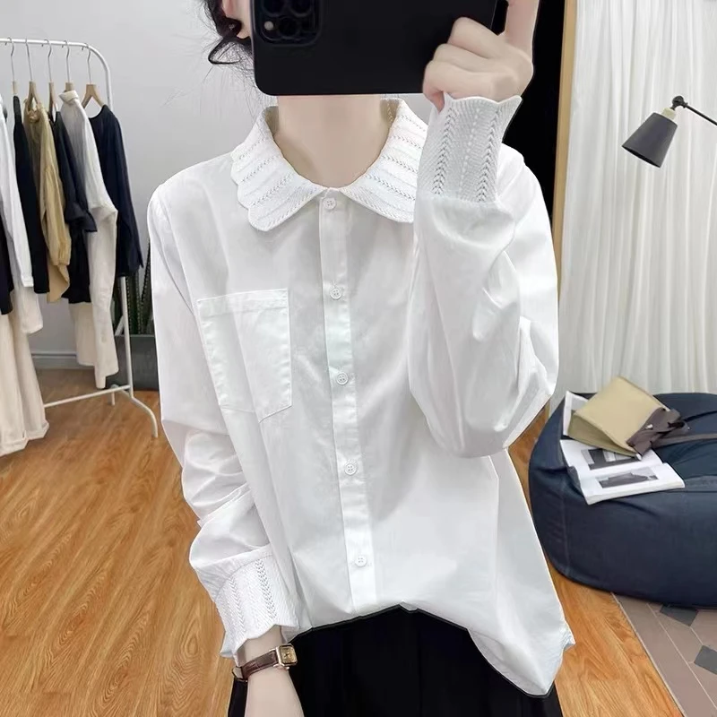 气质白色衬衫女韩版简约宽松百搭翻领长袖全棉衬衣2024年春装上衣