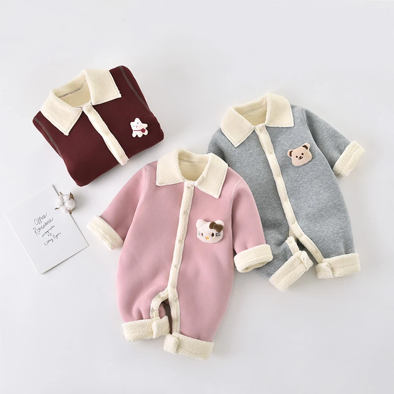 婴儿秋冬加厚新款男女宝宝毛绒洋气连体爬服加绒保暖外出服