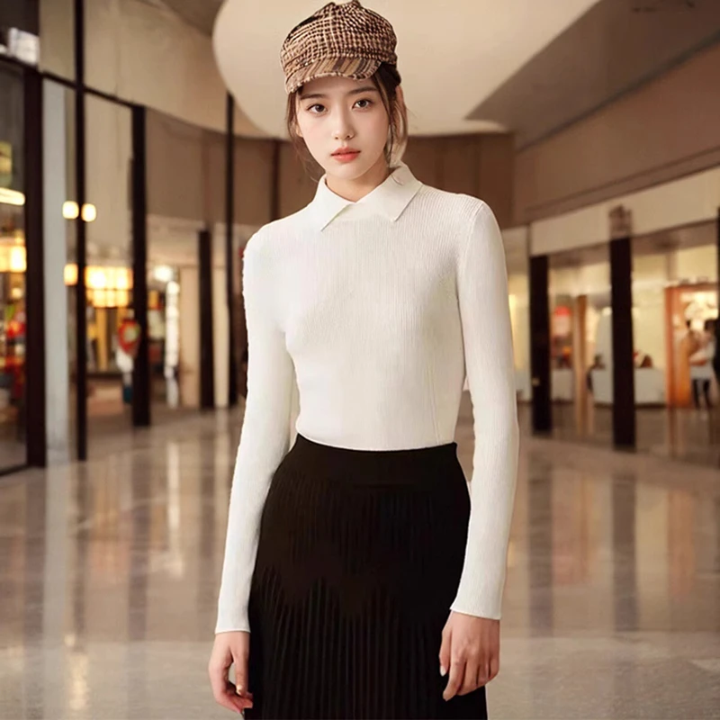 商场同款2025秋冬季新款女翻领修身绵羊毛打底针织衫毛衣A301124