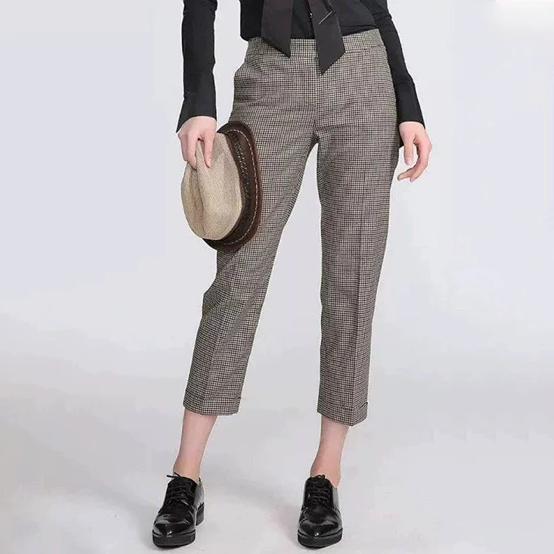 商场同款2025春秋新款百搭显瘦高腰格子九分休闲裤女裤子1100002