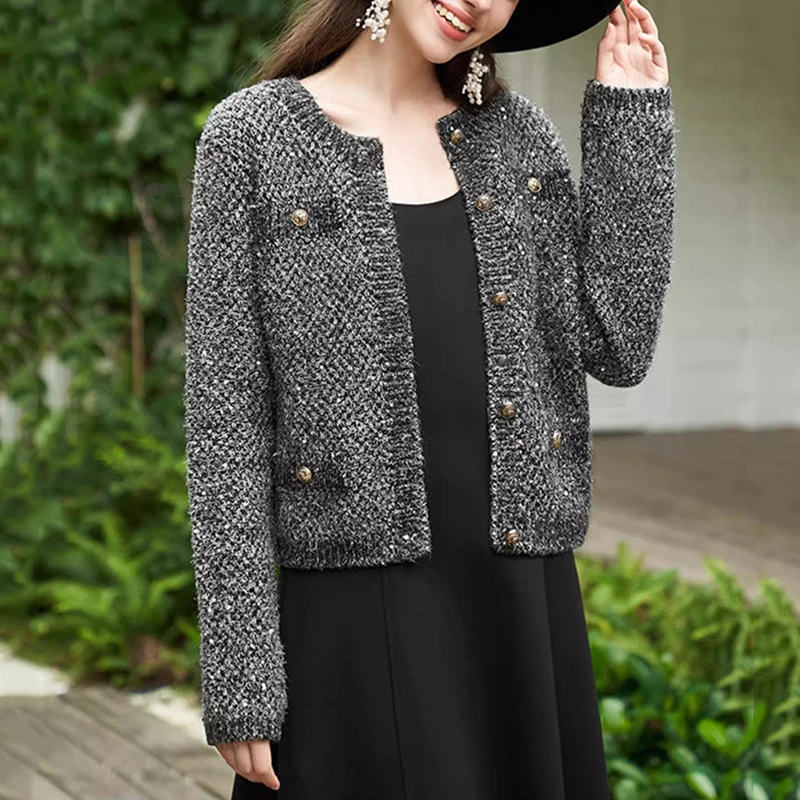 商场同款2025秋冬新款百搭显瘦葱纱小香风开衫外套上衣女A400677