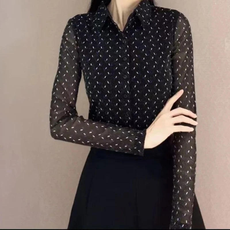 魅言商场同款新款春气质显瘦洋气修身POLO领弹力打底衫长袖衬衫女