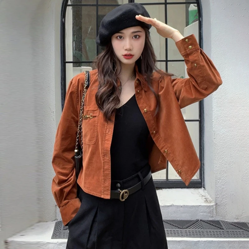 {专柜}商场同款2025春秋新款复古翻领灯芯绒长袖短款外套1300969