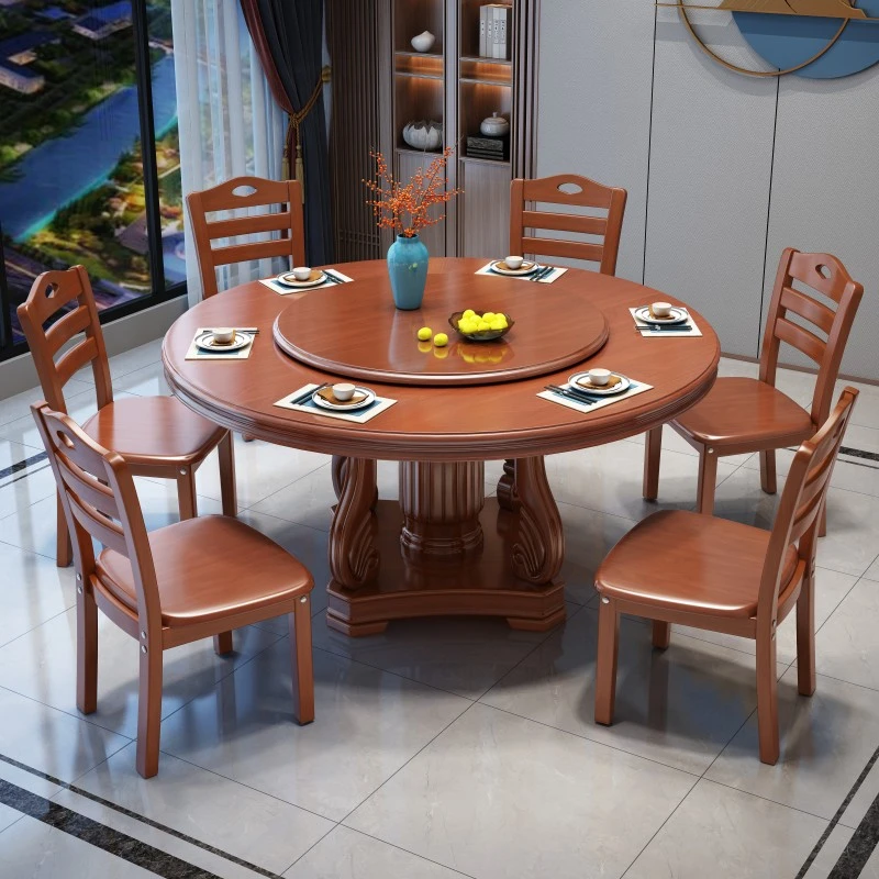 实木餐桌家用小户型带转盘圆餐桌中式酒店大圆桌农村饭店吃饭桌子