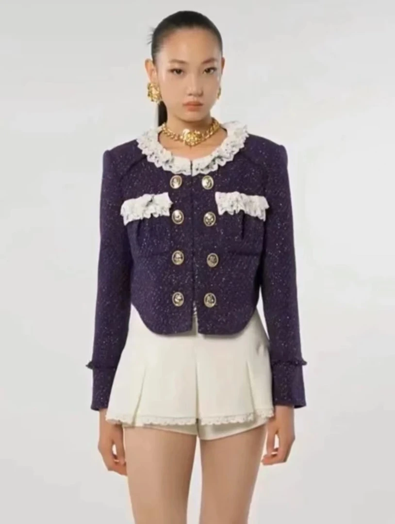 Lefame23冬洛可可花边紫色短外套LF23D99SC277气质