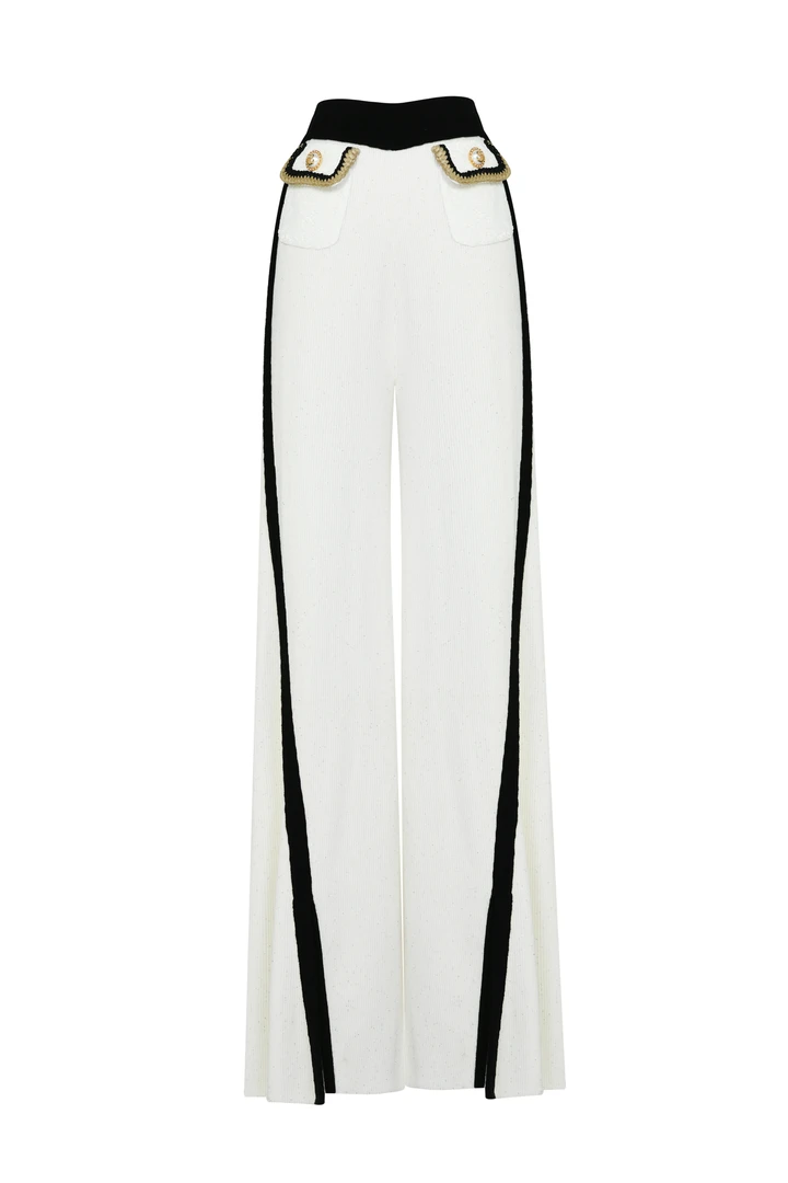 LeFame/拉飞姆24春白色休闲蕾丝盖针织长裤LF24C31ZP086