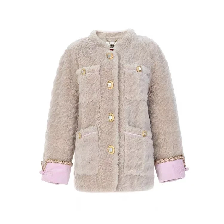 LE FAME/拉飞姆2024年冬季新千鸟格剪花皮毛一体外套LF24D31KC002