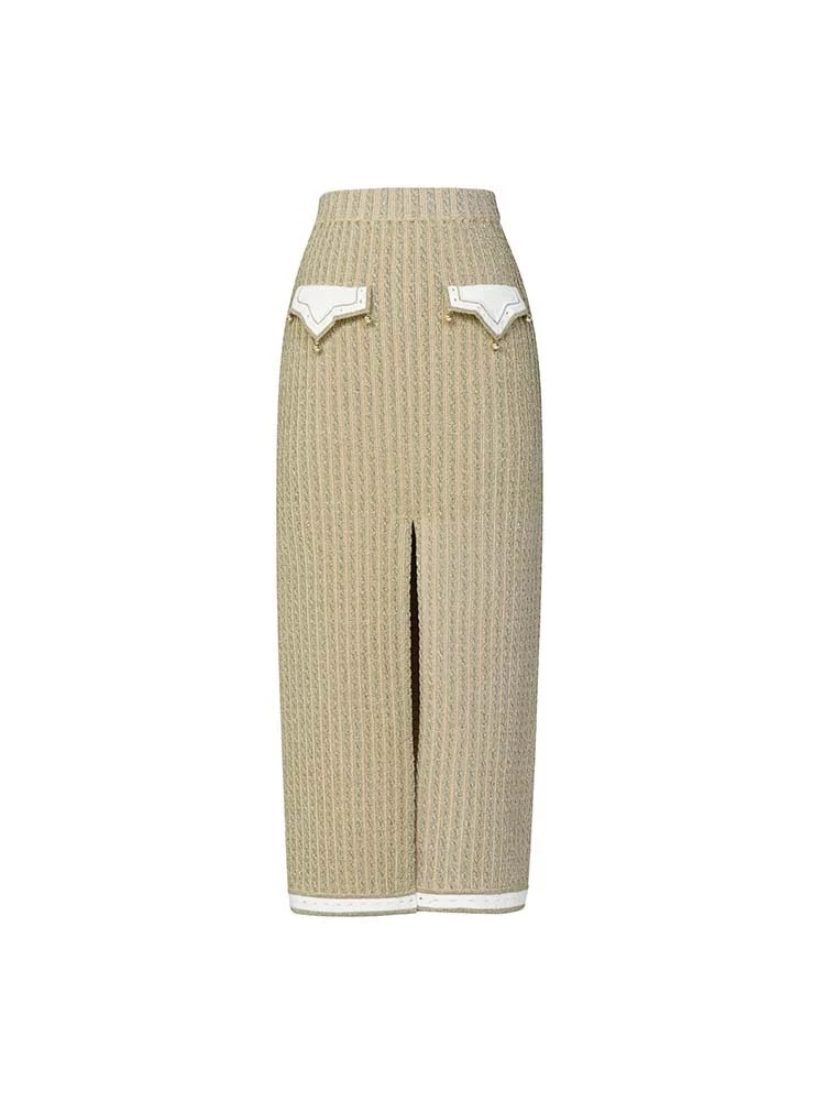 LeFame/拉飞姆2024春金色吊珠针织开叉半裙LF24C00ZS240