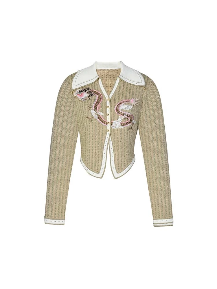 LeFame/拉飞姆2024春龙刺绣金色吊珠针织外套LF24C00ZC238