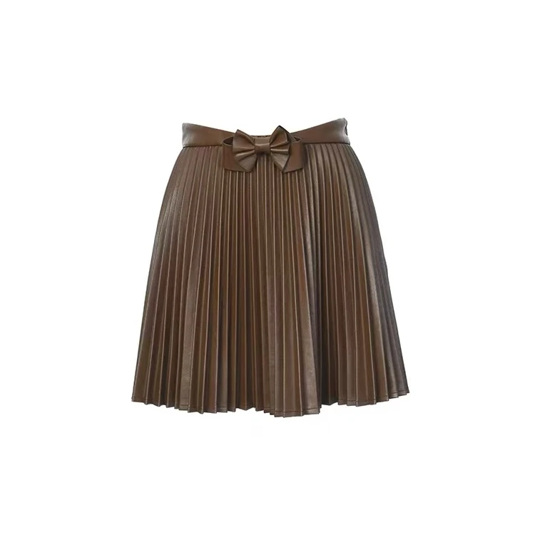 LE FAME/拉飞姆2024冬季新压褶自然波浪咖啡色PU半裙FF24D41SS310