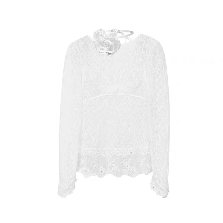 LE FAME/拉飞姆2024年秋季新品白色蕾丝钉珠打底上衣LF24Q41SB201