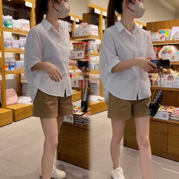 漂亮时尚套装小个子夏季搭配一整套韩系高级感条纹衬衫短裤两件套