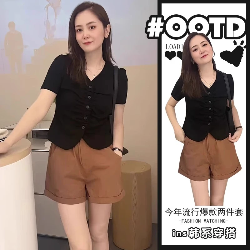 今年流行爆款休闲风女装夏季穿搭套装黑色开衫上衣阔腿短裤两件套